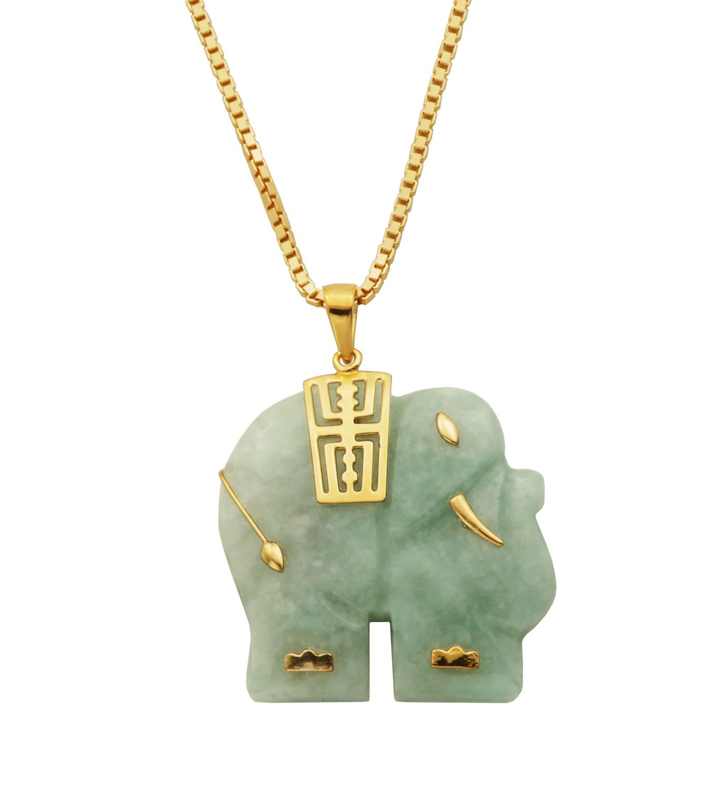 Genuine Jade Elephant Pendant Necklace In 18k Gold Plated Sterling Silver