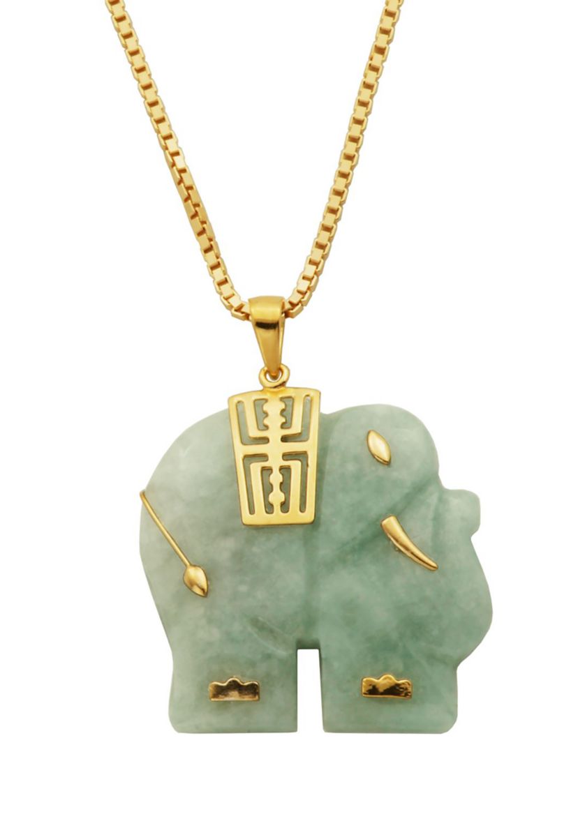 Genuine Jade Elephant Pendant Necklace In 18k Gold Plated Sterling Silver