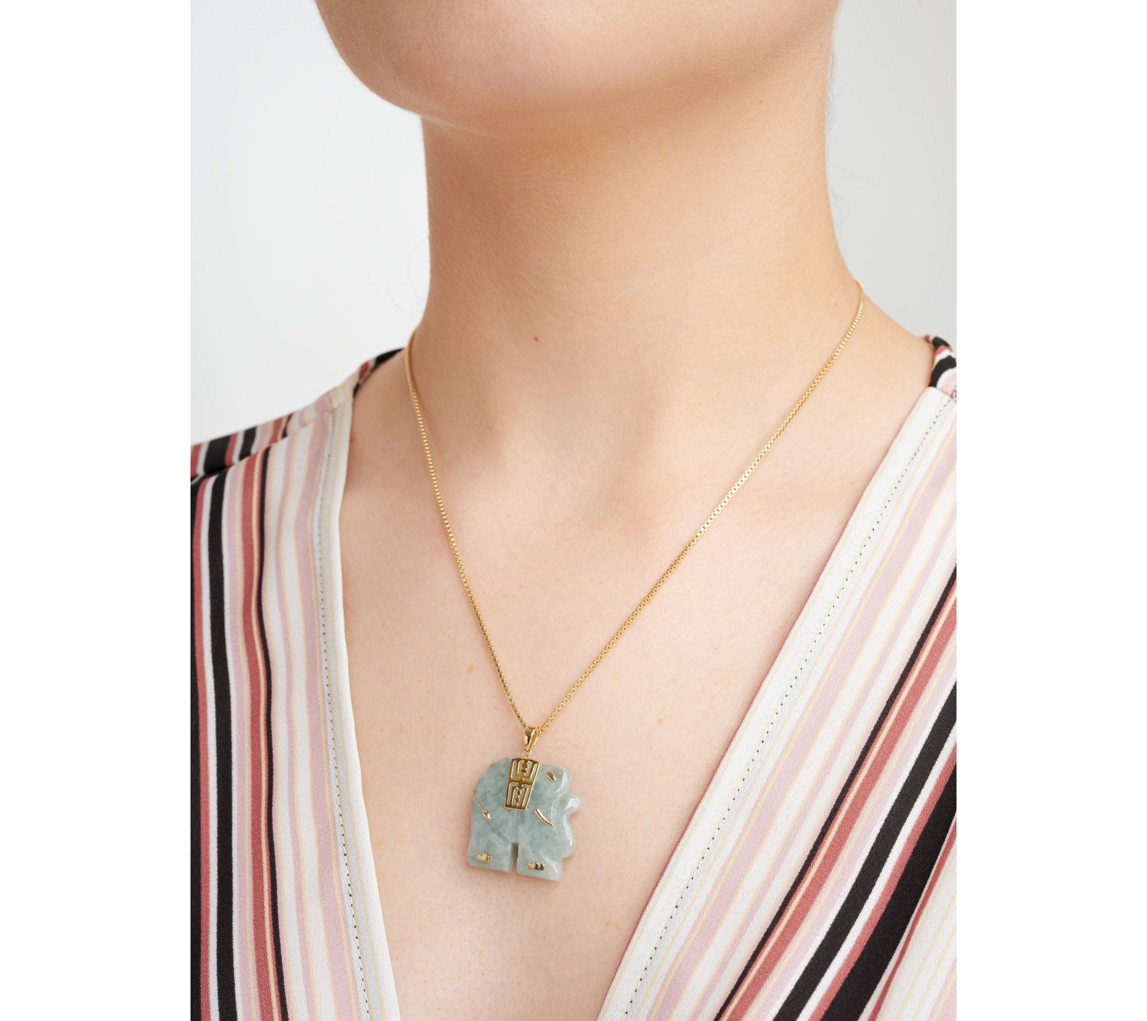 Genuine Jade Elephant Pendant Necklace In 18k Gold Plated Sterling Silver