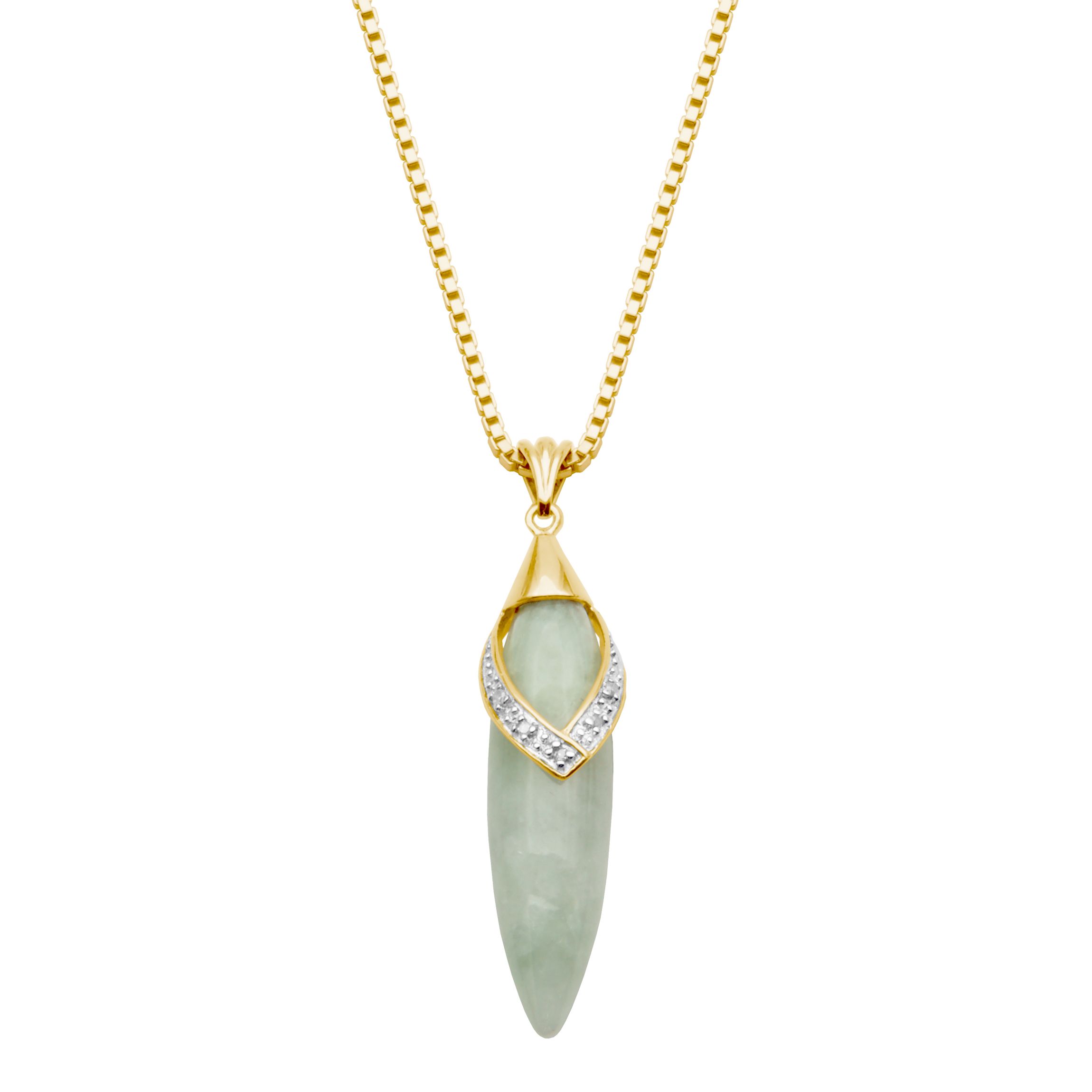 Genuine Jade and Diamond Accent Drop Pendant with 18" Box Chain in 18k Yellow Gold Plated Sterling Silver