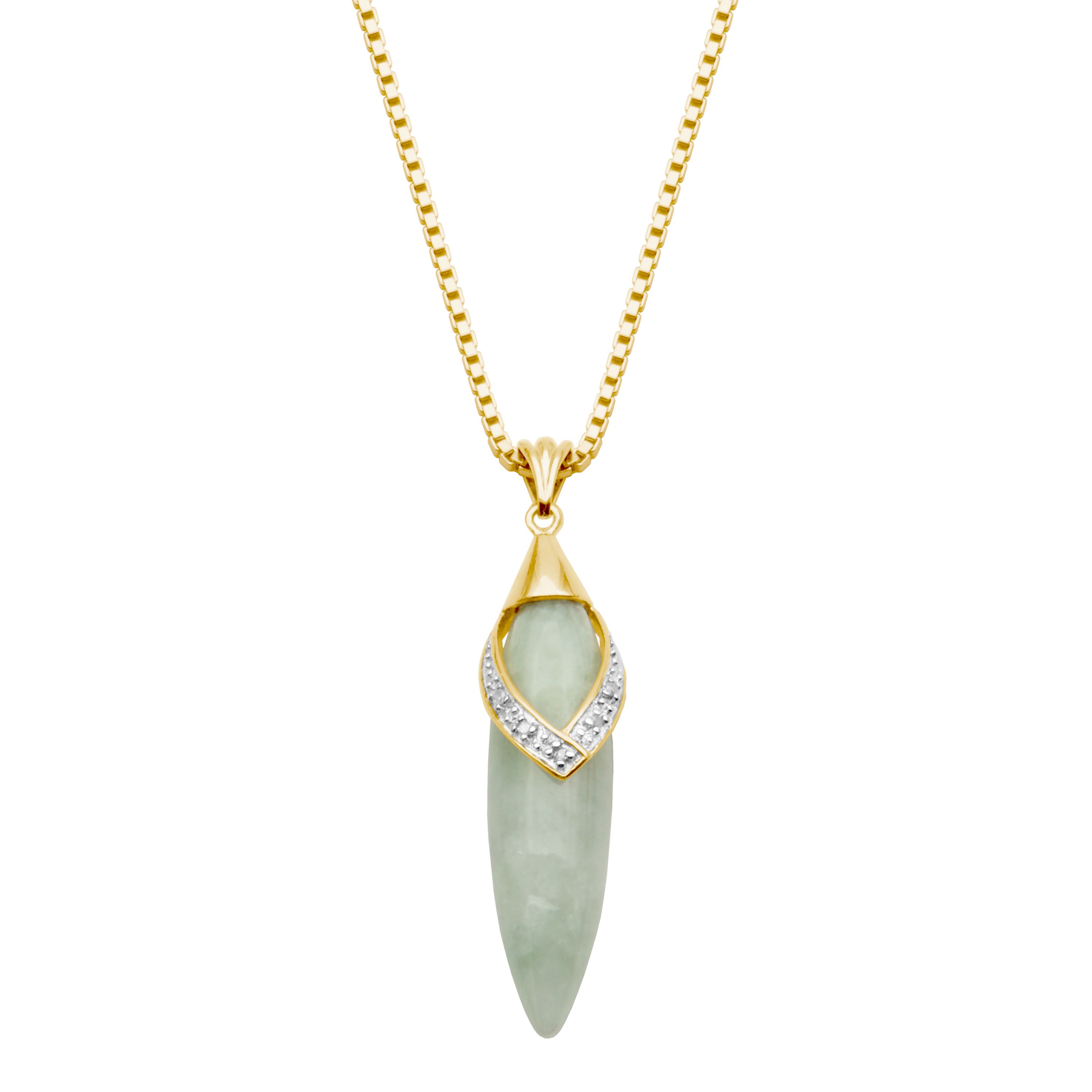 Genuine Jade and Diamond Accent Drop Pendant with 18" Box Chain in 18k Yellow Gold Plated Sterling Silver