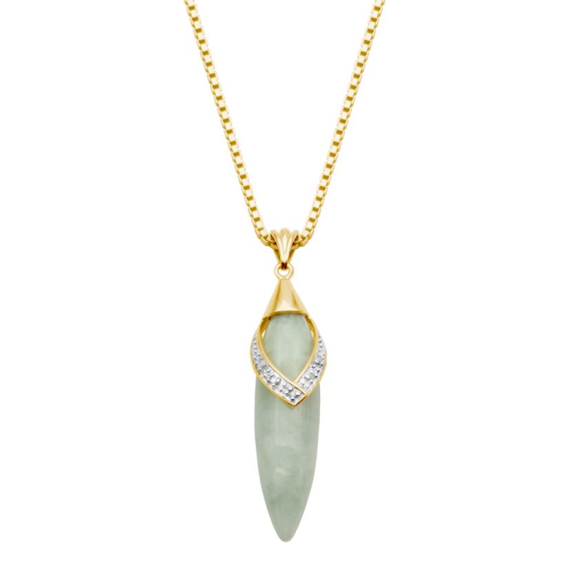 Genuine Jade and Diamond Accent Drop Pendant with 18" Box Chain in 18k Yellow Gold Plated Sterling Silver