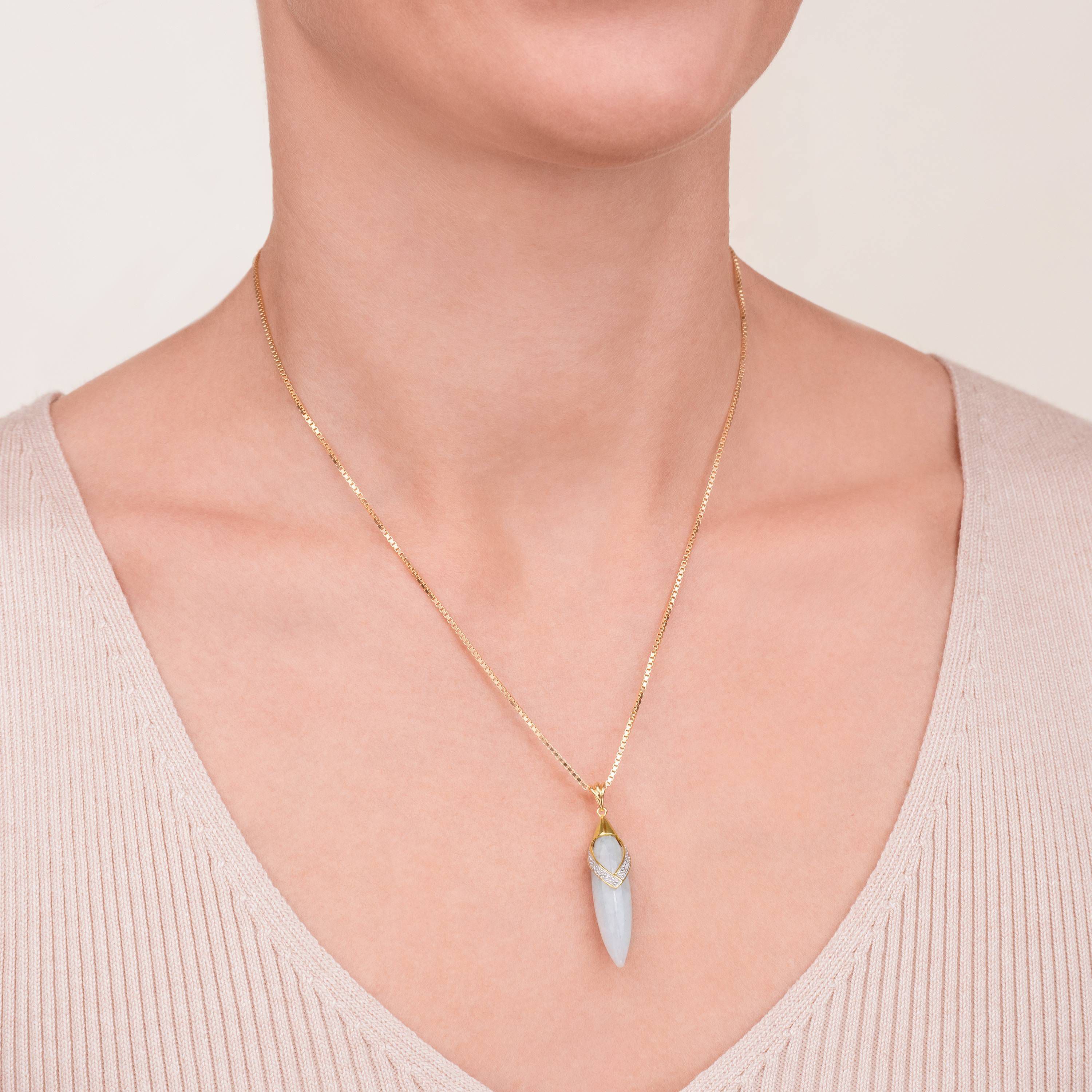 Genuine Jade and Diamond Accent Drop Pendant with 18" Box Chain in 18k Yellow Gold Plated Sterling Silver