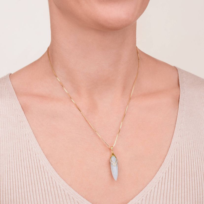 Genuine Jade and Diamond Accent Drop Pendant with 18" Box Chain in 18k Yellow Gold Plated Sterling Silver