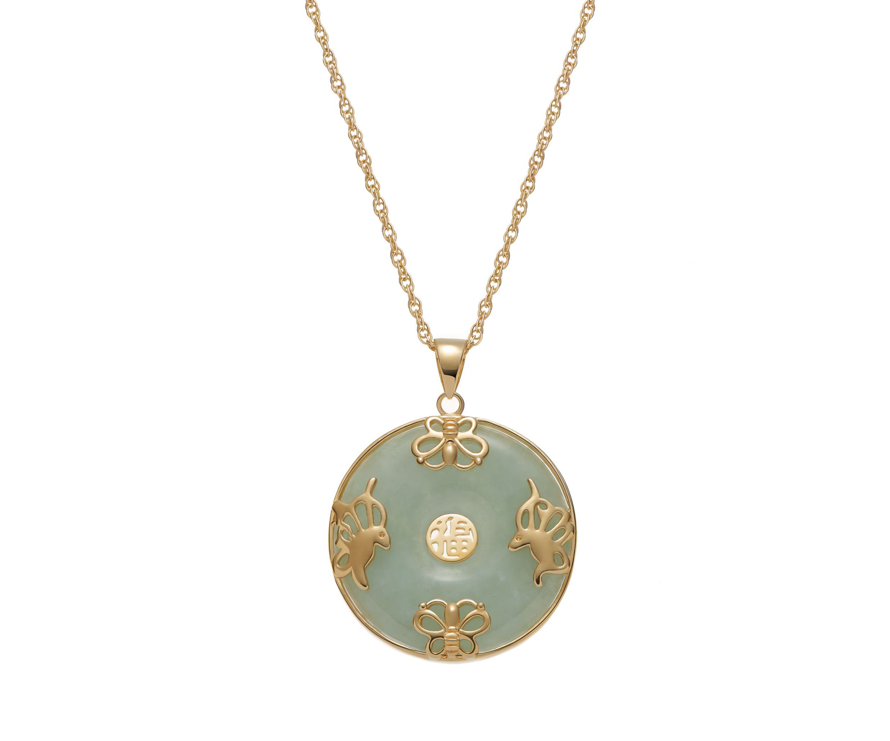 18k Gold Plated Sterling Silver Jade "Good Luck" Disc Pendant on 18" Chain