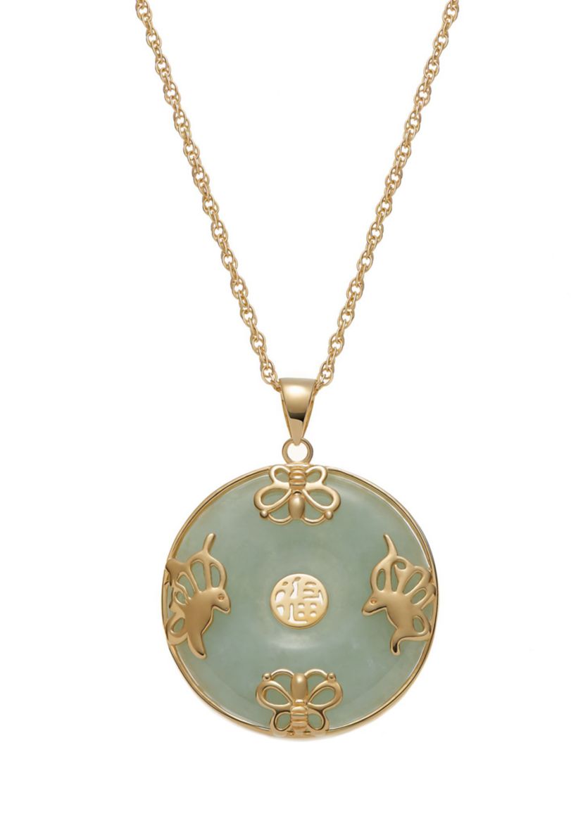18k Gold Plated Sterling Silver Jade "Good Luck" Disc Pendant on 18" Chain