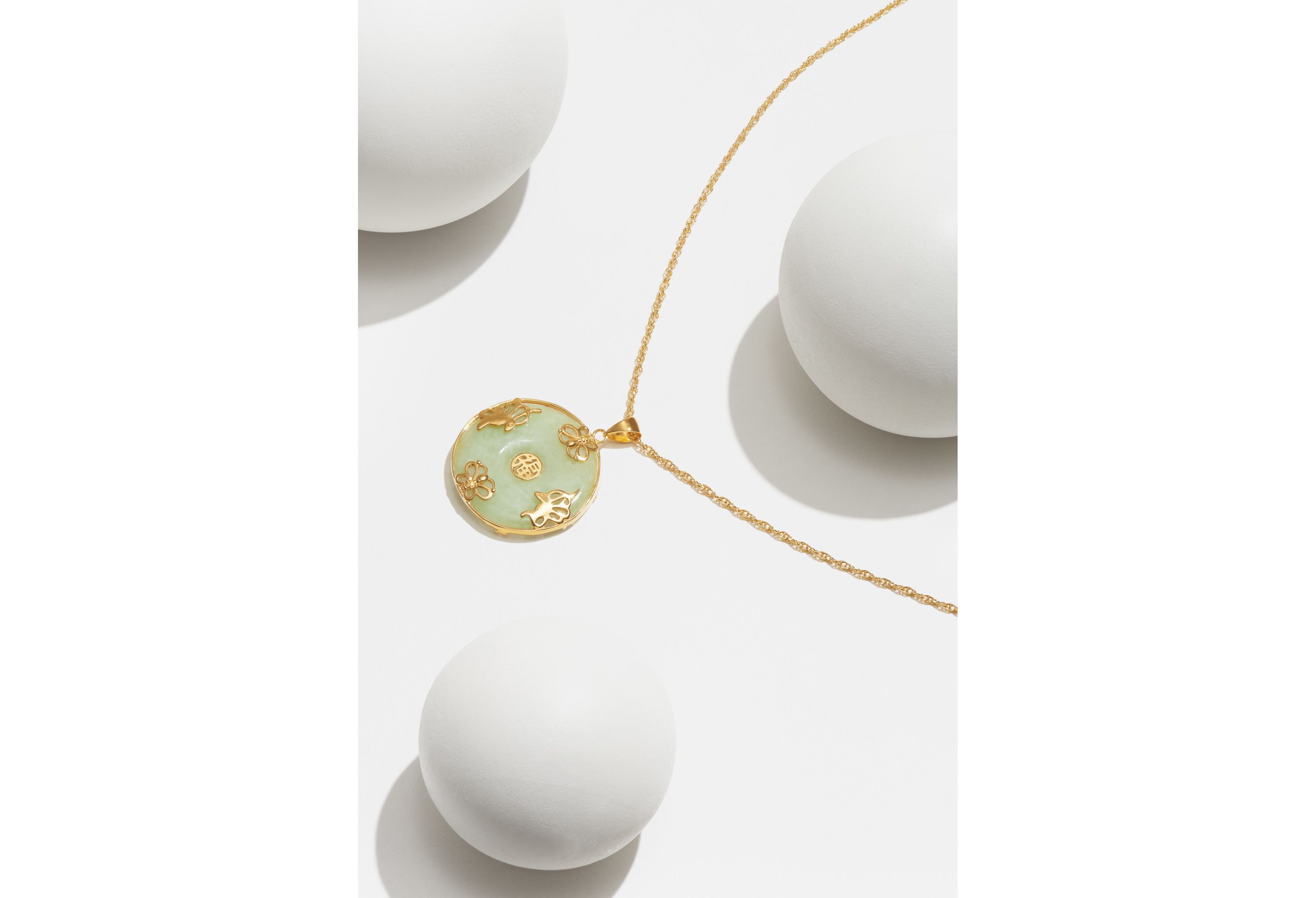 18k Gold Plated Sterling Silver Jade "Good Luck" Disc Pendant on 18" Chain