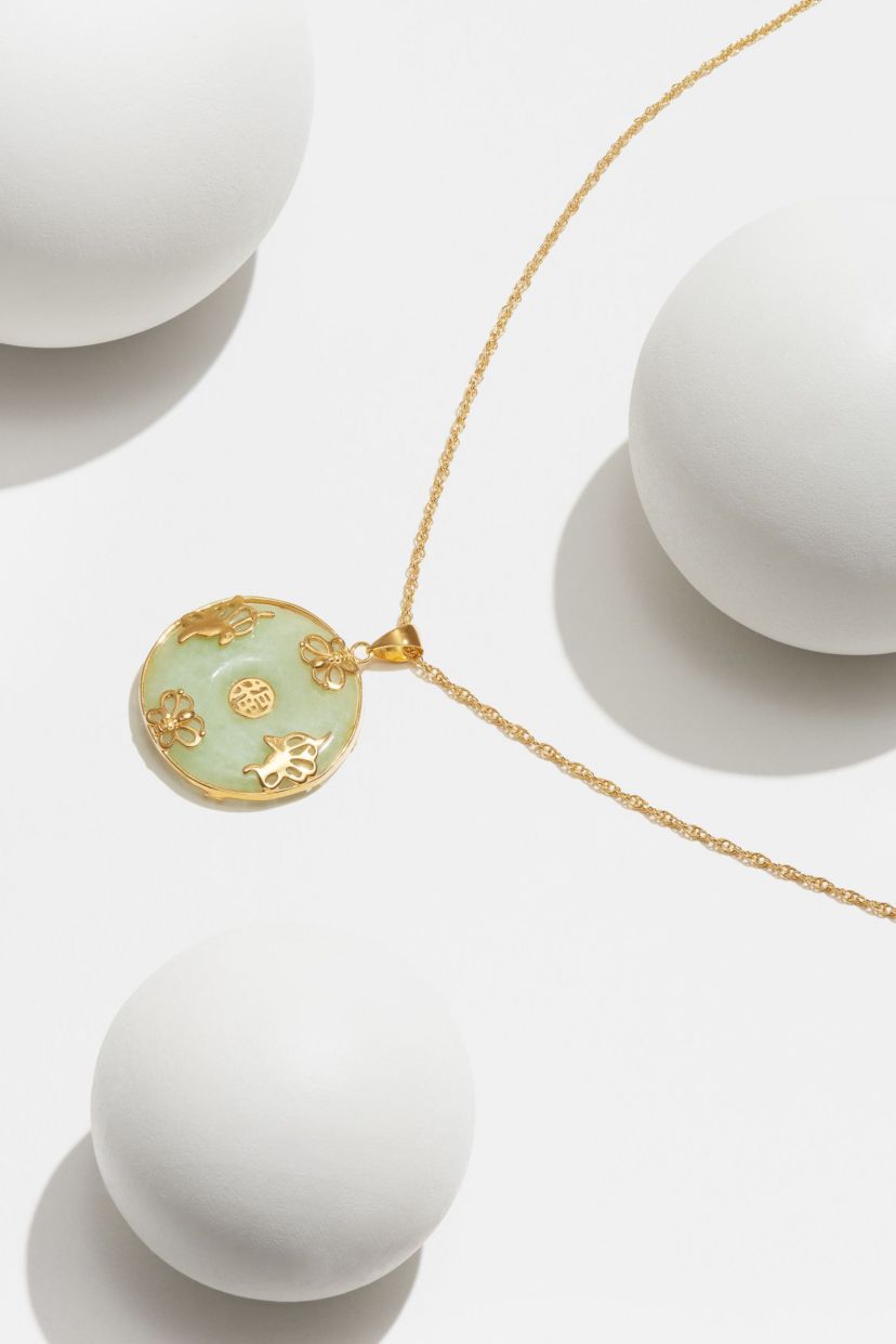 18k Gold Plated Sterling Silver Jade "Good Luck" Disc Pendant on 18" Chain