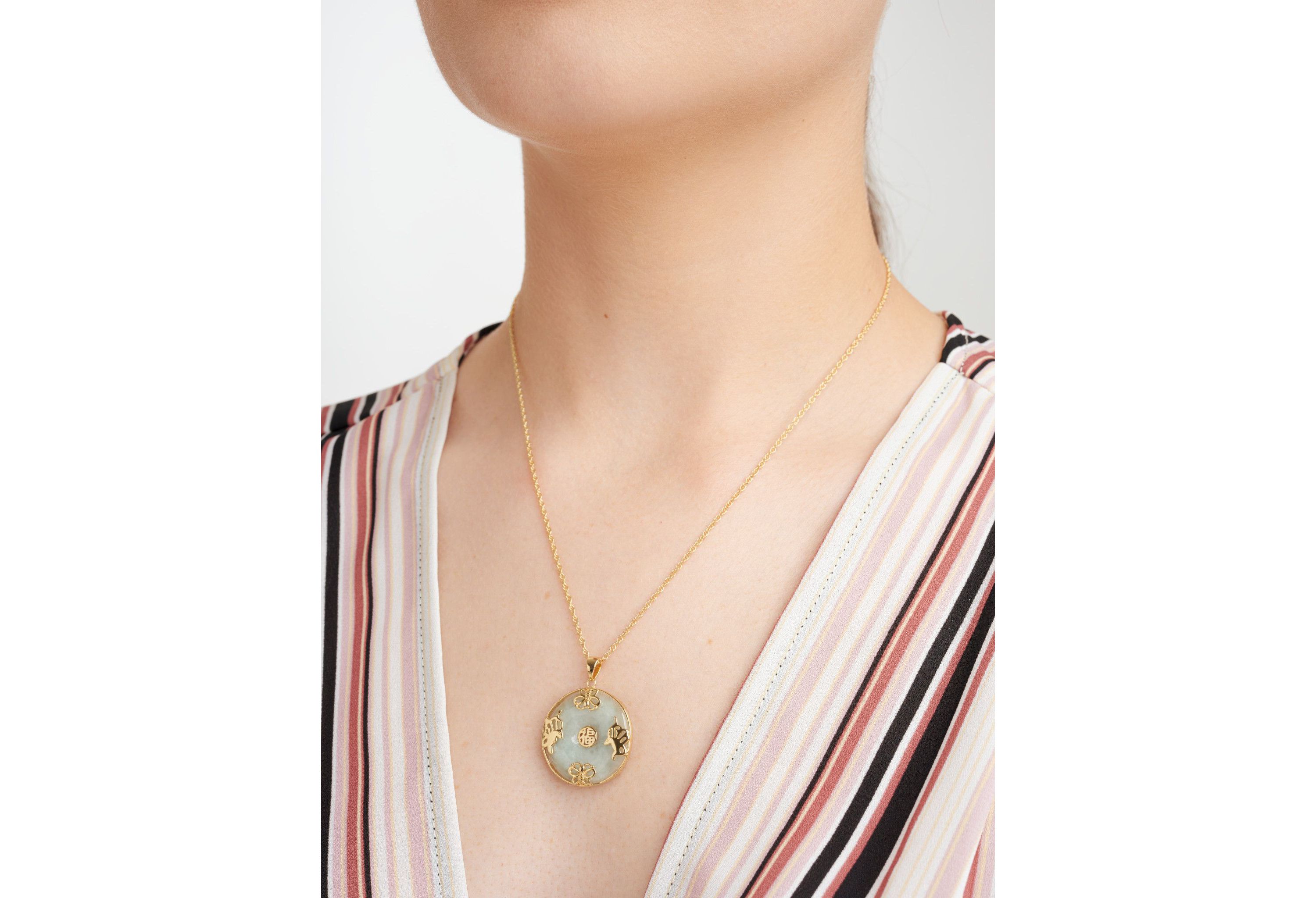 18k Gold Plated Sterling Silver Jade "Good Luck" Disc Pendant on 18" Chain