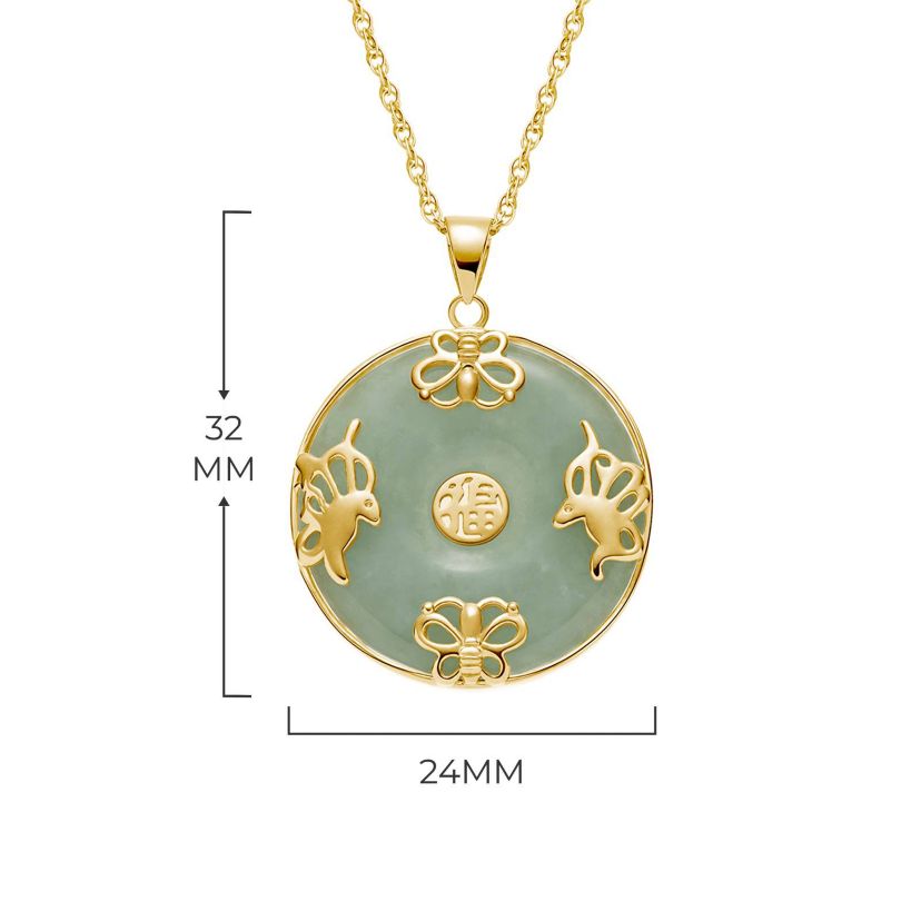 18k Gold Plated Sterling Silver Jade "Good Luck" Disc Pendant on 18" Chain
