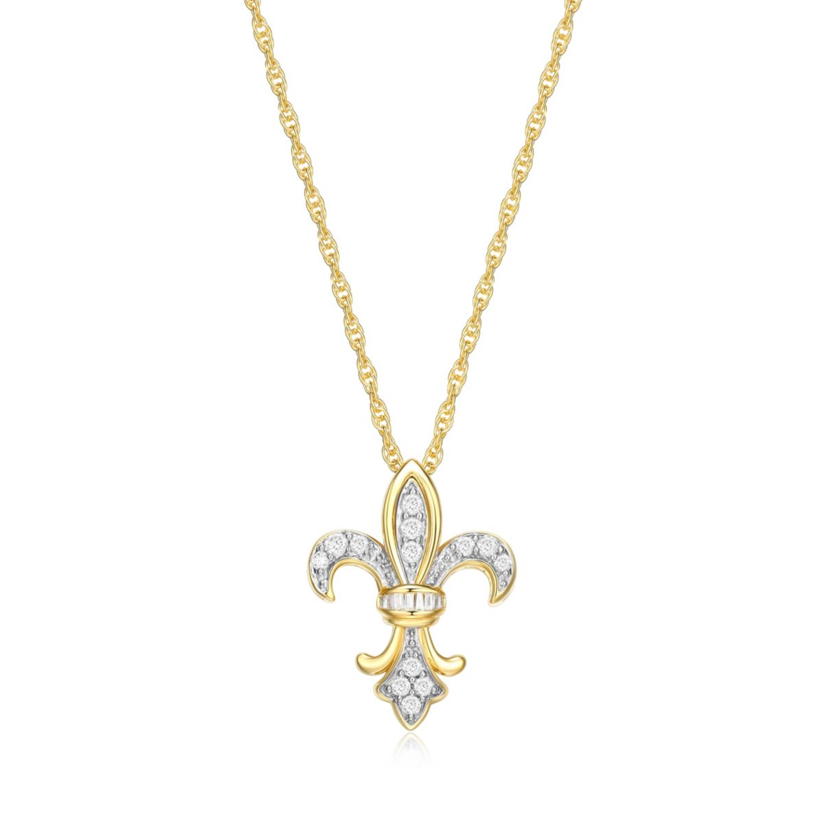 1/4 cttw Diamond Fleur-de-Lis Pendant in 18k Yellow Gold Plated Sterling Silver with 18" Rope Chain