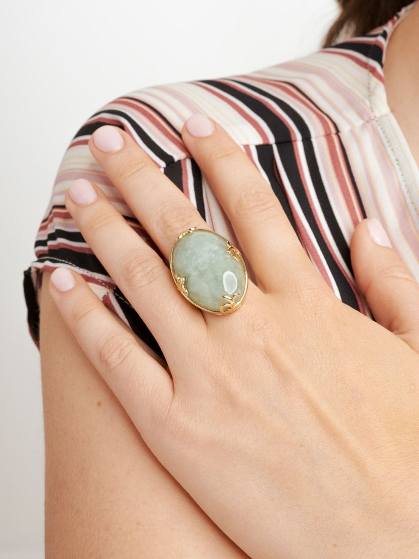 Genuine Jade Oval Ring in 18K Gold Plated Sterling Silver