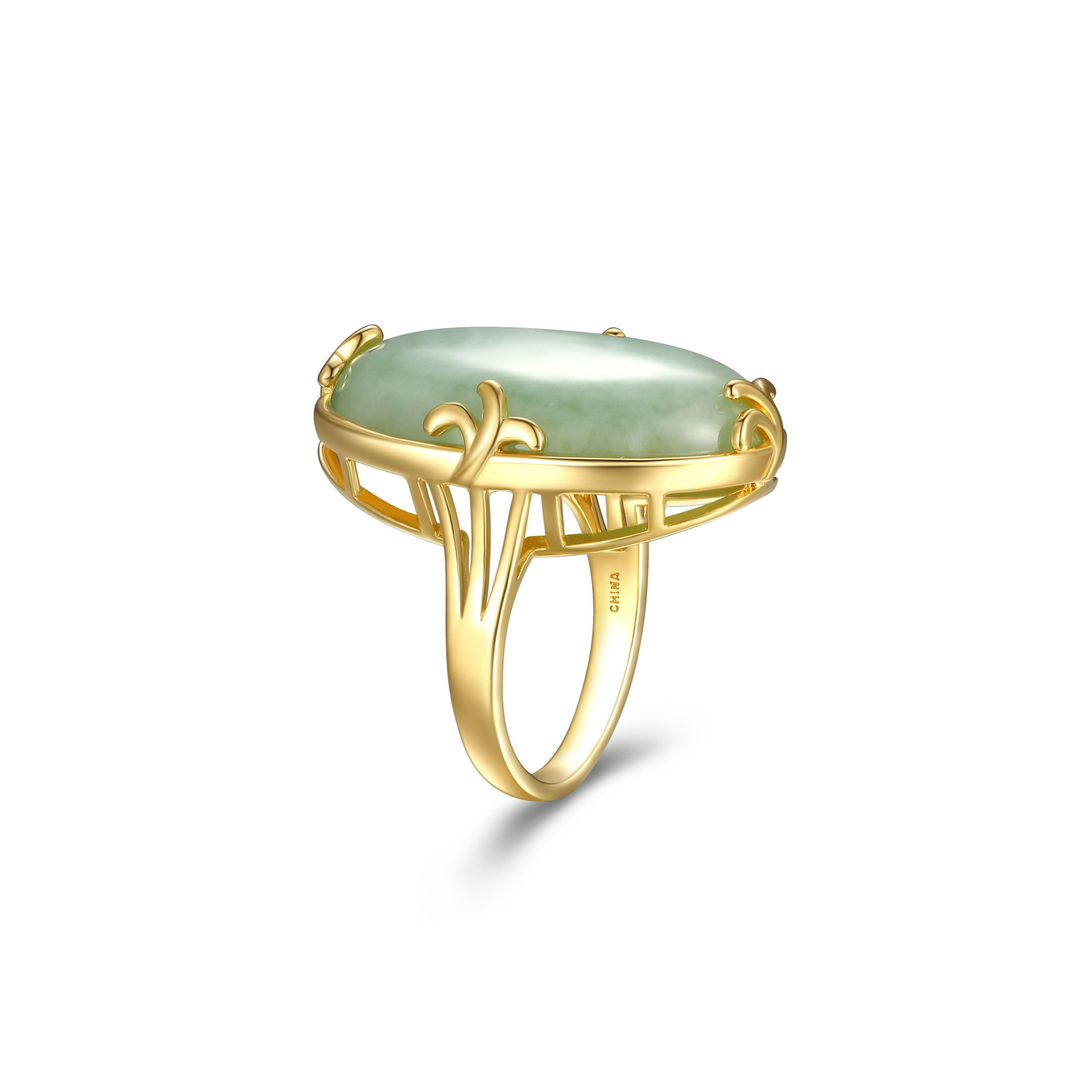 Genuine Jade Oval Ring in 18K Gold Plated Sterling Silver