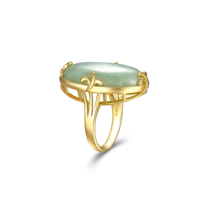 Genuine Jade Oval Ring in 18K Gold Plated Sterling Silver