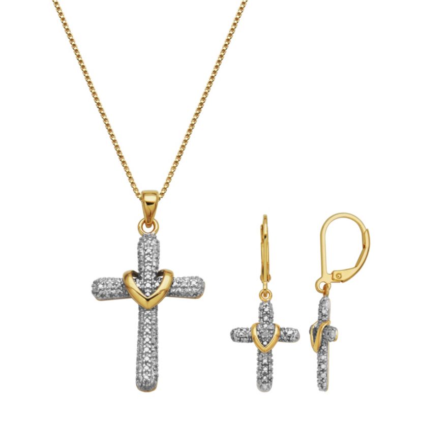 Diamond Accent Set of Cross Earrings and Pendant with 18" Chain in Gold Plated Sterling Silver