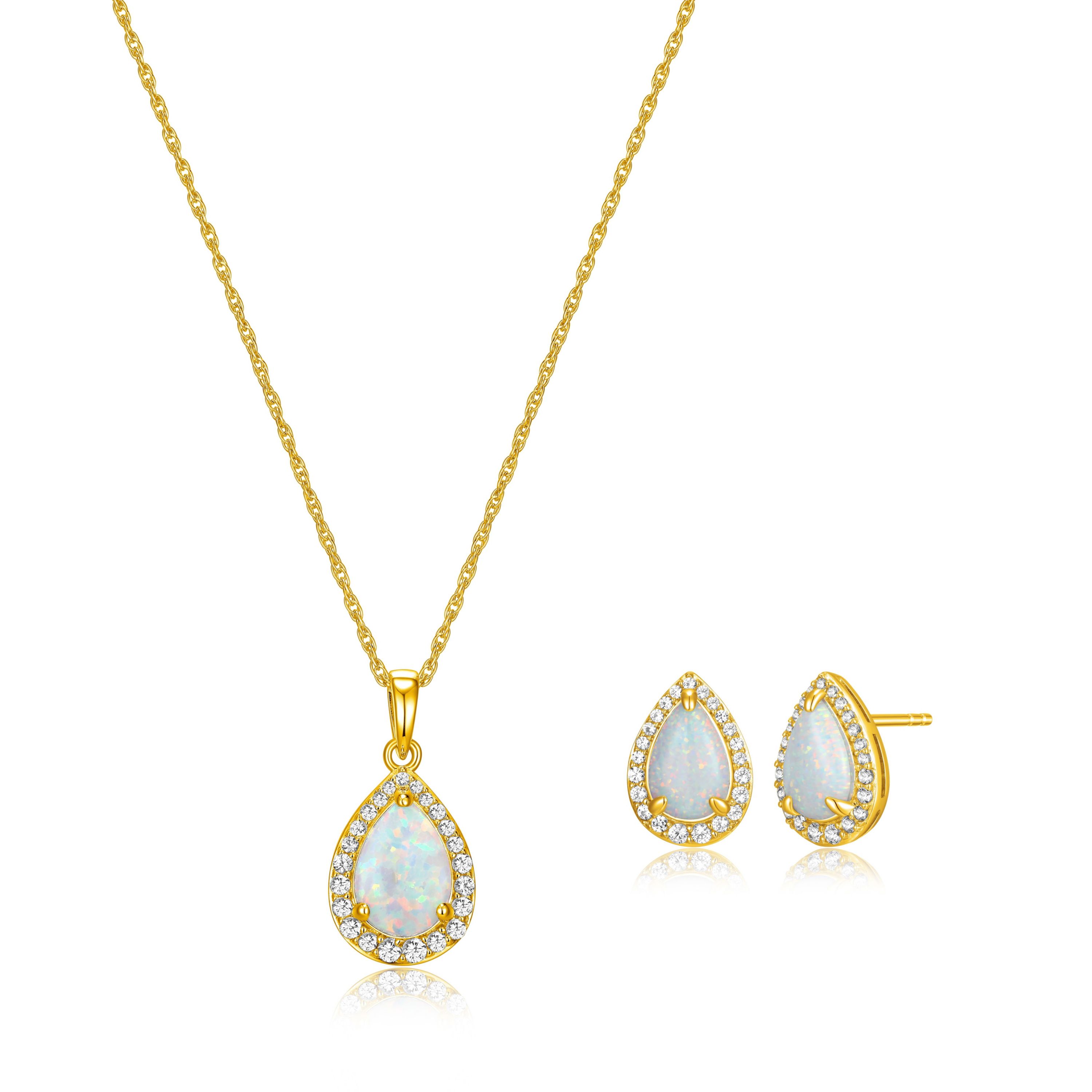 Created Opal and Created White Sapphire Pear Halo Necklace and Earring Set in 18K Gold Plated Sterling Silver