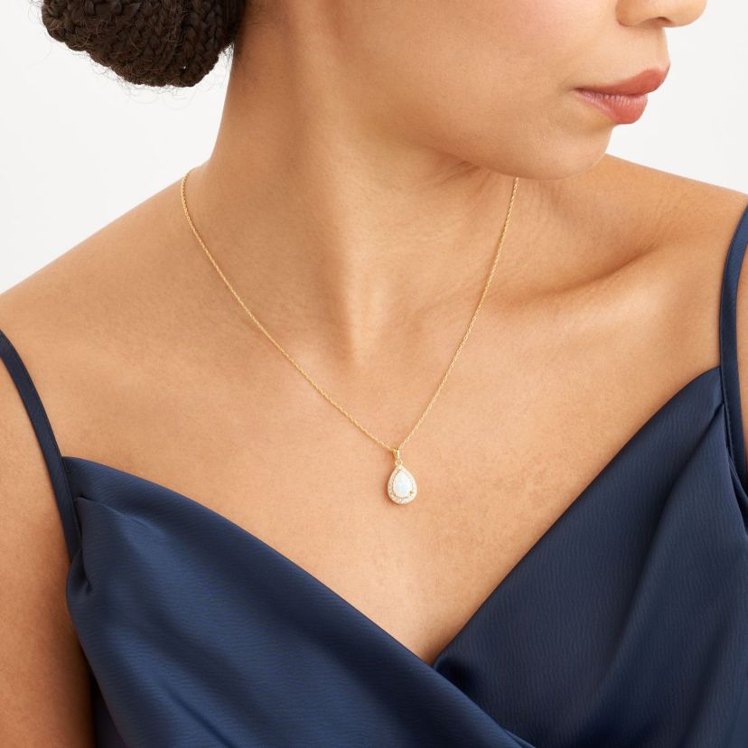 Created Opal and Created White Sapphire Pear Halo Necklace and Earring Set in 18K Gold Plated Sterling Silver