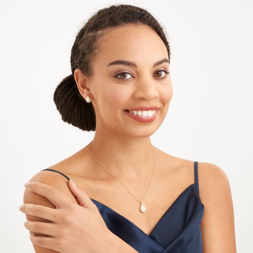 Created Opal and Created White Sapphire Pear Halo Necklace and Earring Set in 18K Gold Plated Sterling Silver