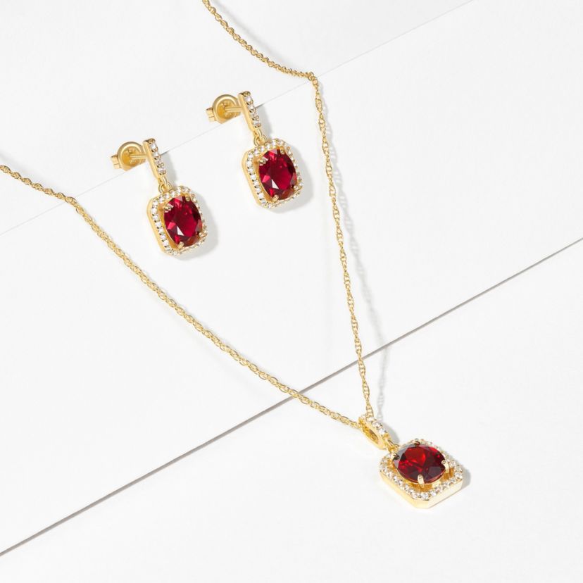 Created Ruby and White Sapphire Halo Necklace and Earring Set in 18K Gold over Sterling Silver