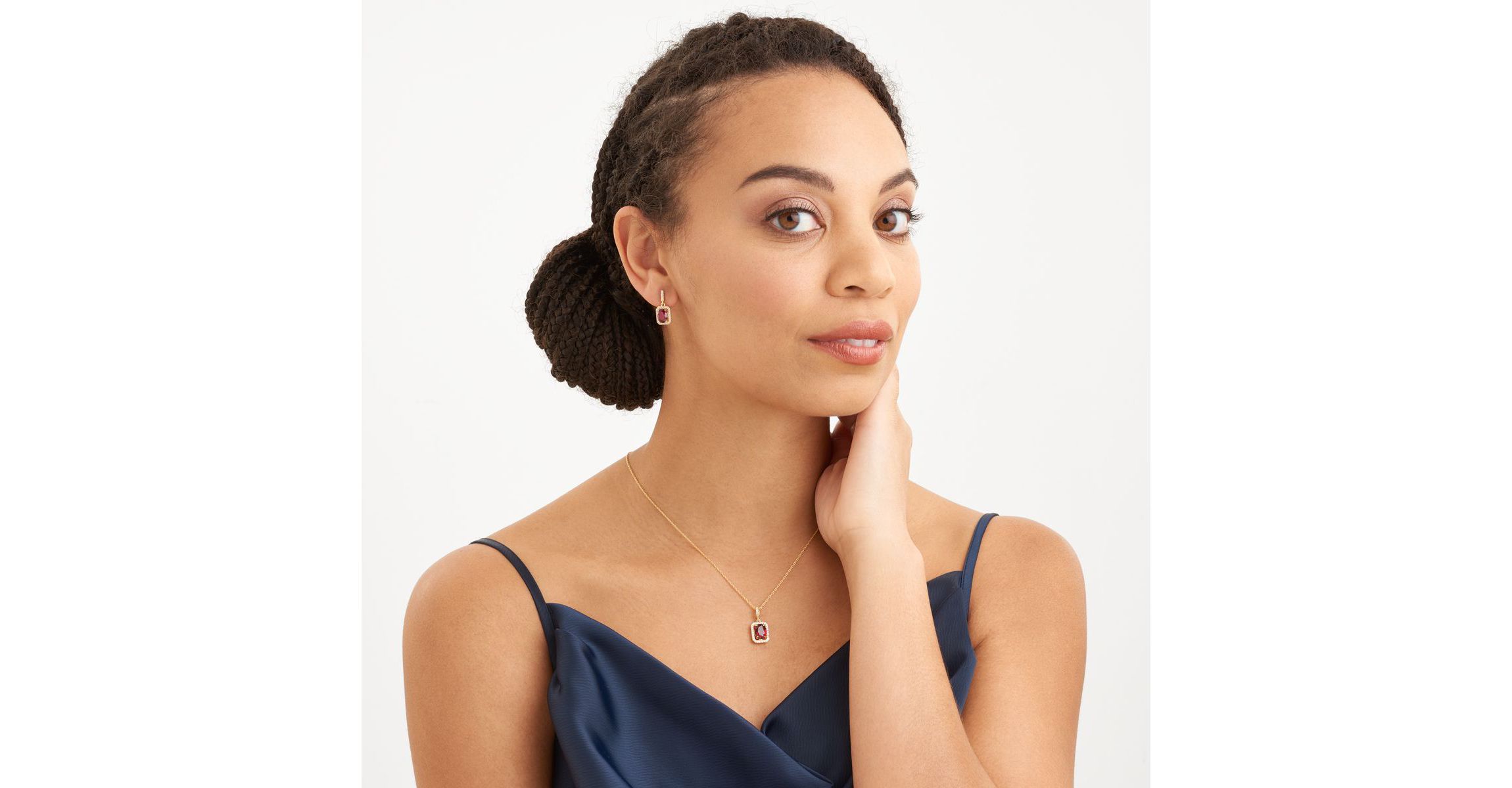 Created Ruby and White Sapphire Halo Necklace and Earring Set in 18K Gold over Sterling Silver