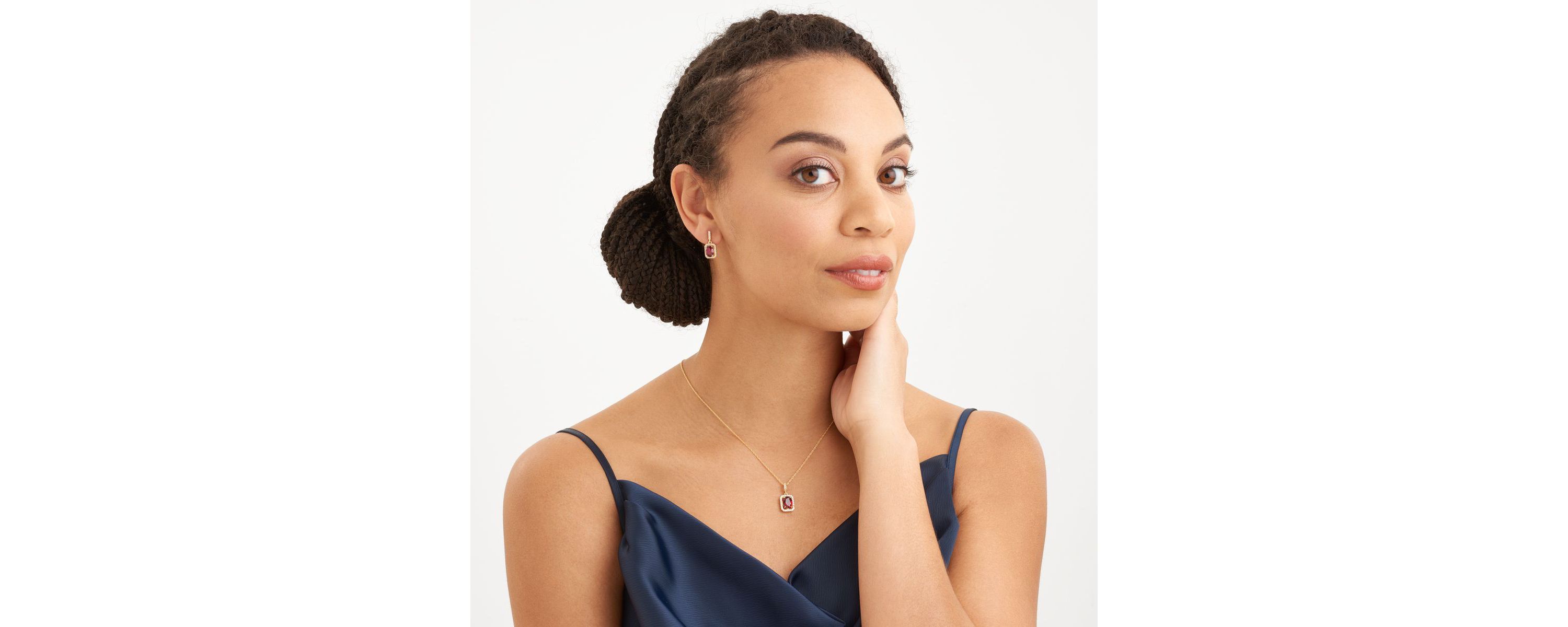 Created Ruby and White Sapphire Halo Necklace and Earring Set in 18K Gold over Sterling Silver