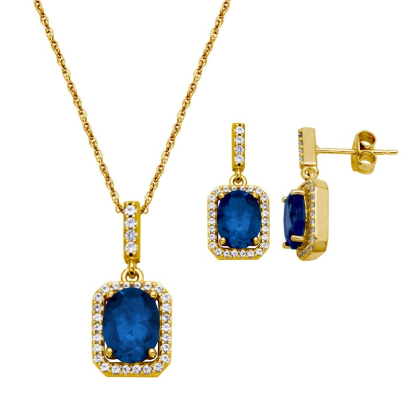 Created Blue and White Sapphire Halo Necklace and Earring Set in 18K Gold over Sterling Silver