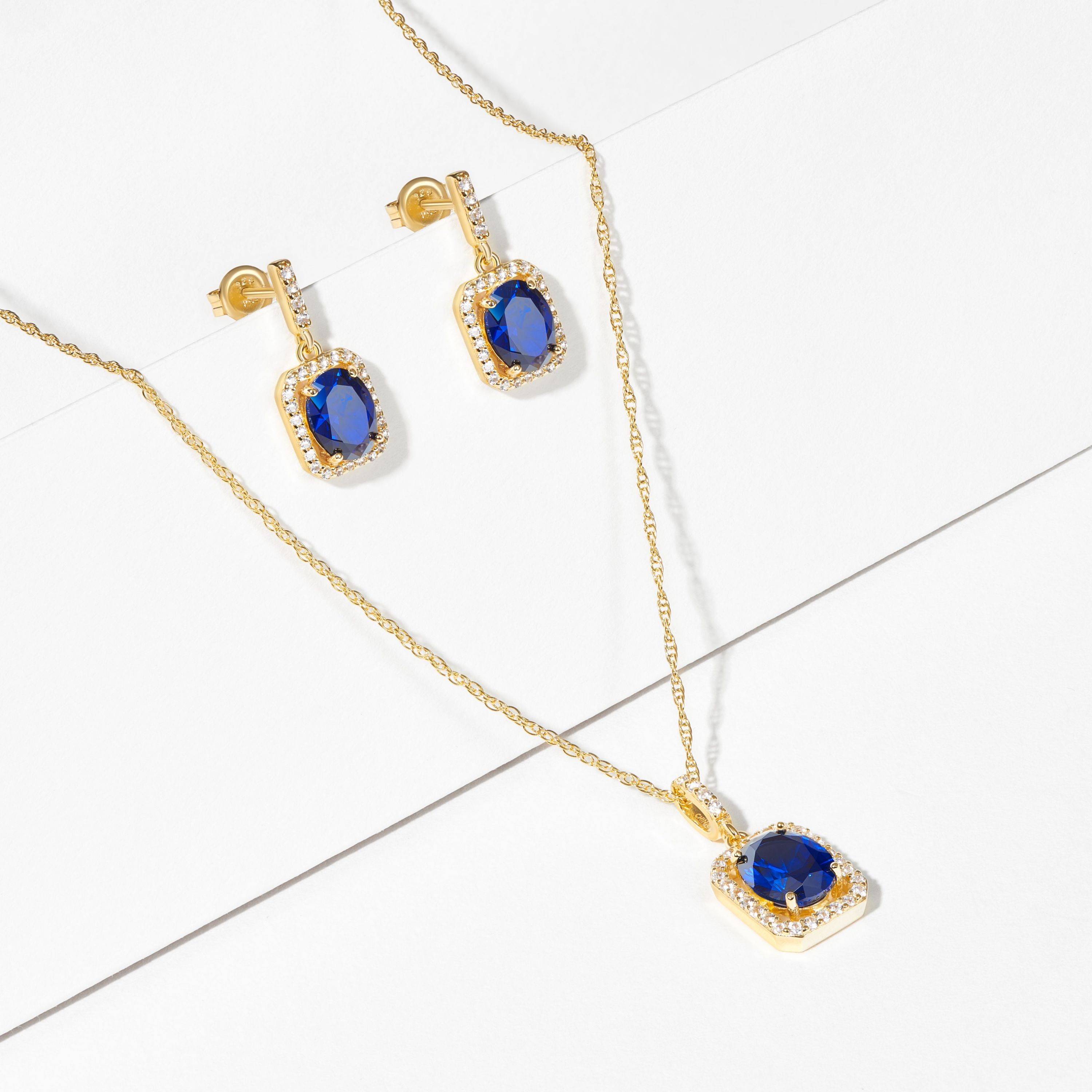 Created Blue and White Sapphire Halo Necklace and Earring Set in 18K Gold over Sterling Silver