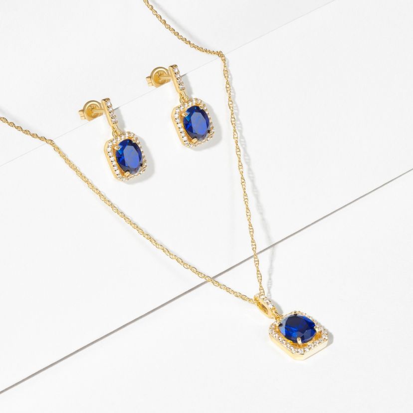 Created Blue and White Sapphire Halo Necklace and Earring Set in 18K Gold over Sterling Silver