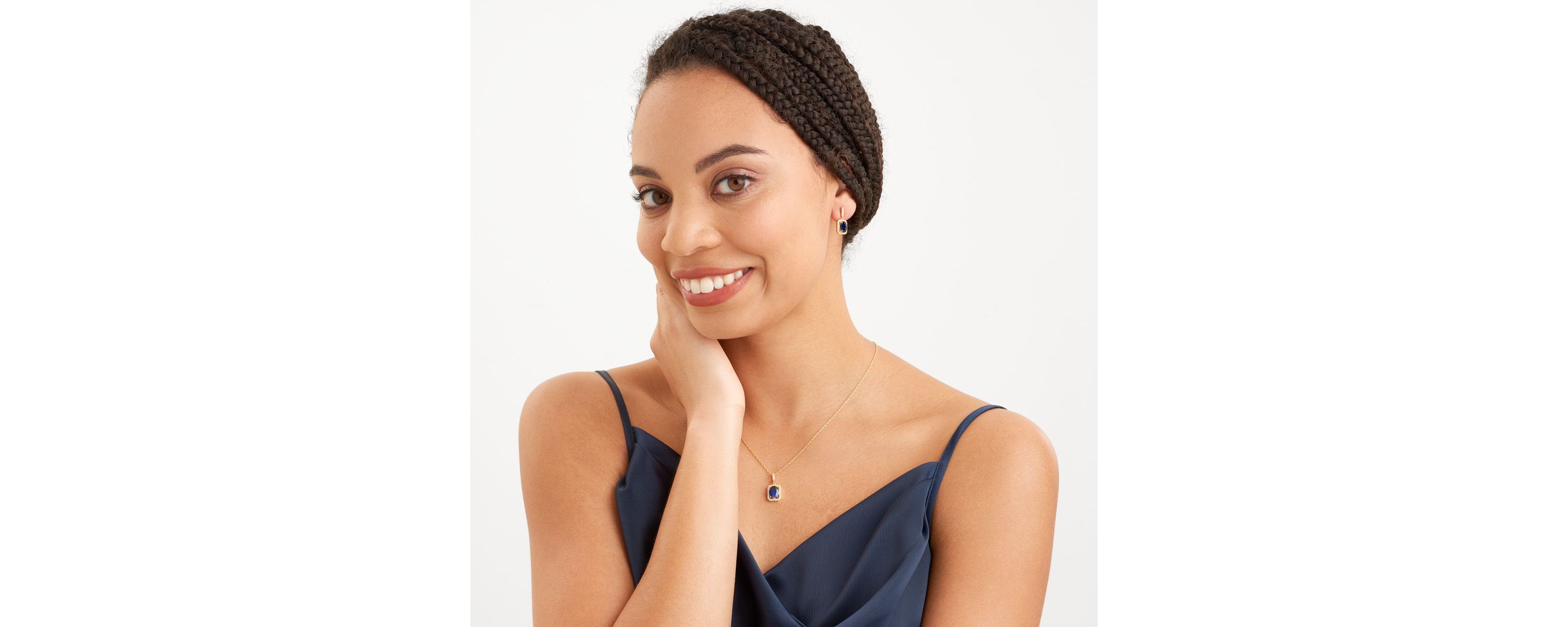 Created Blue and White Sapphire Halo Necklace and Earring Set in 18K Gold over Sterling Silver