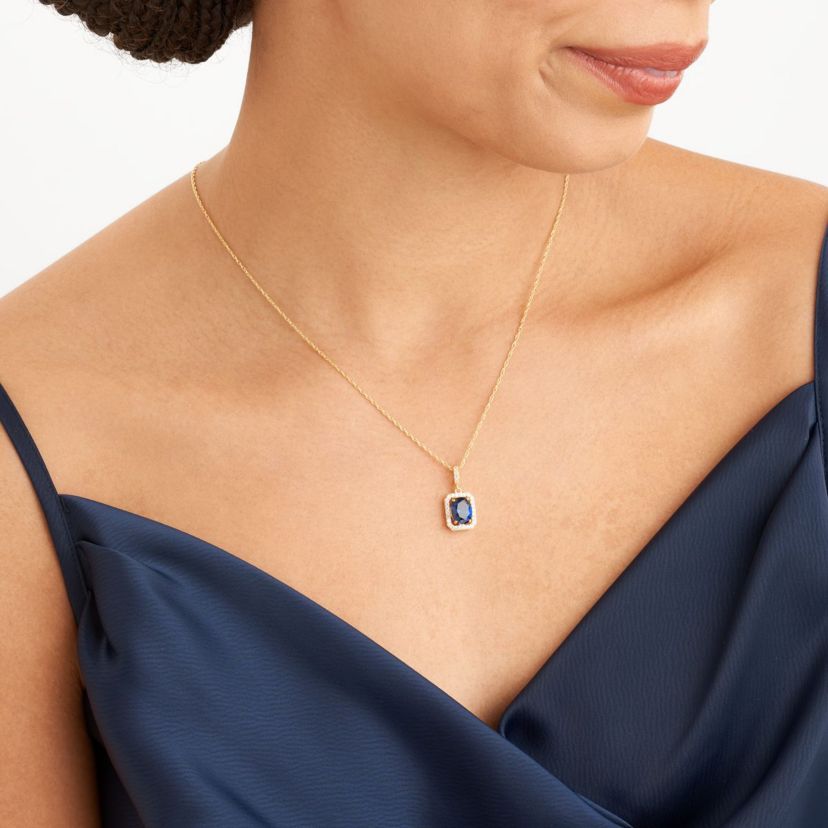 Created Blue and White Sapphire Halo Necklace and Earring Set in 18K Gold over Sterling Silver