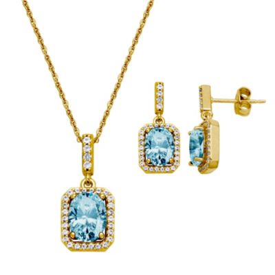 Aurealis Genuine Blue Topaz and Created White Sapphire Halo Necklace and Earring Set in 18K Gold over Sterling Silver