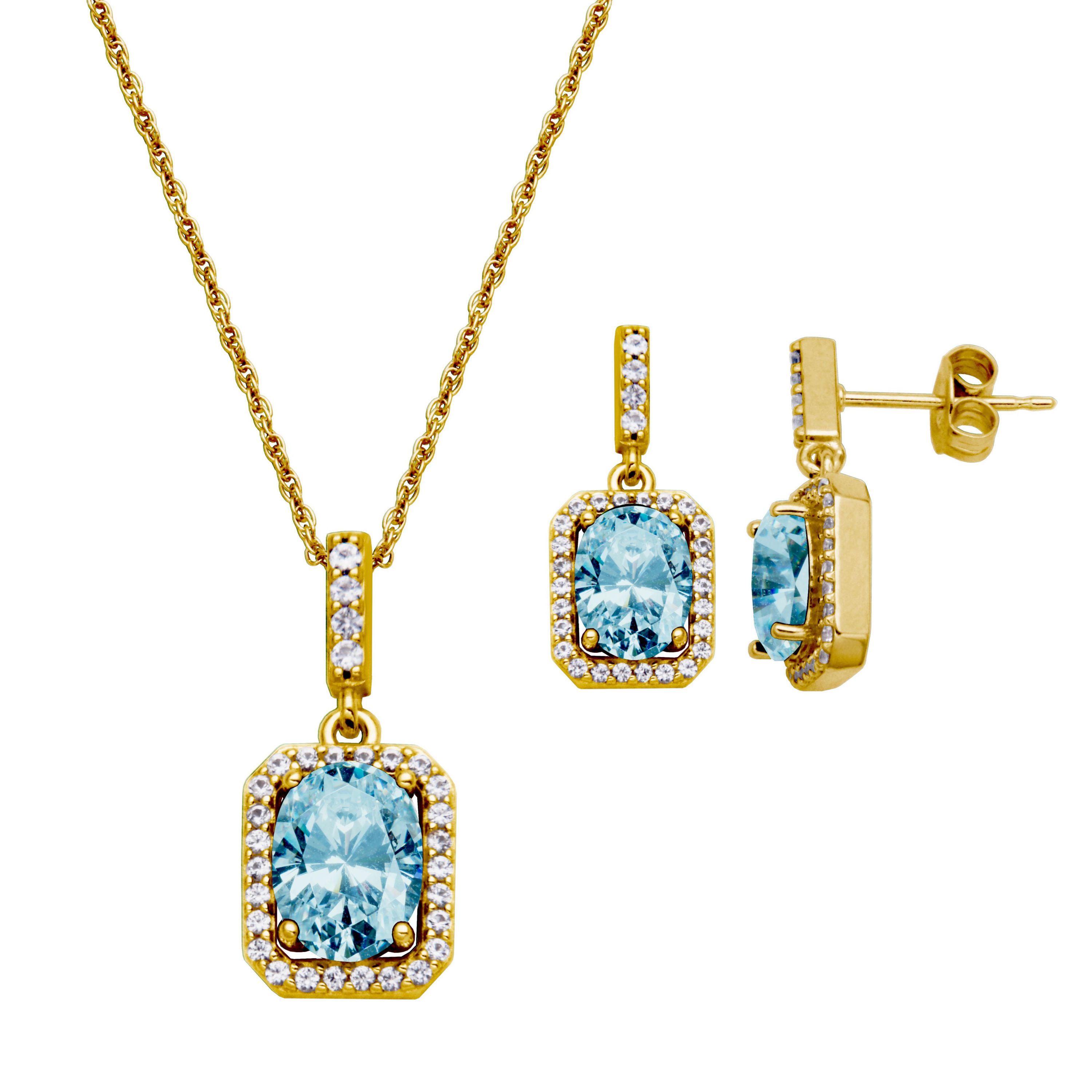 Genuine Blue Topaz and Created White Sapphire Halo Necklace and Earring Set in 18K Gold over Sterling Silver