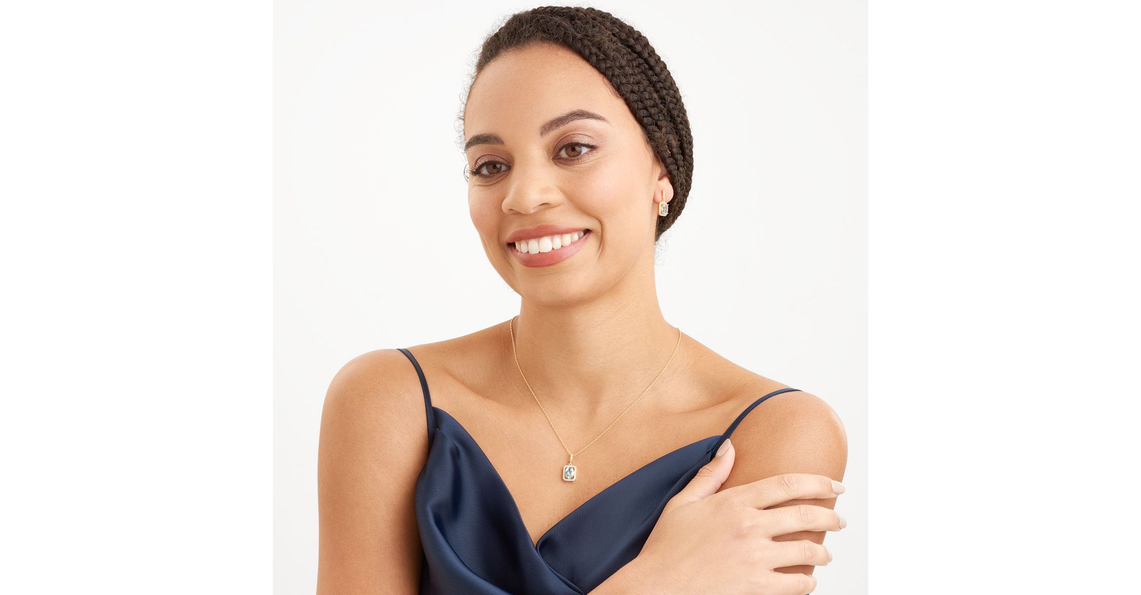 Genuine Blue Topaz and Created White Sapphire Halo Necklace and Earring Set in 18K Gold over Sterling Silver