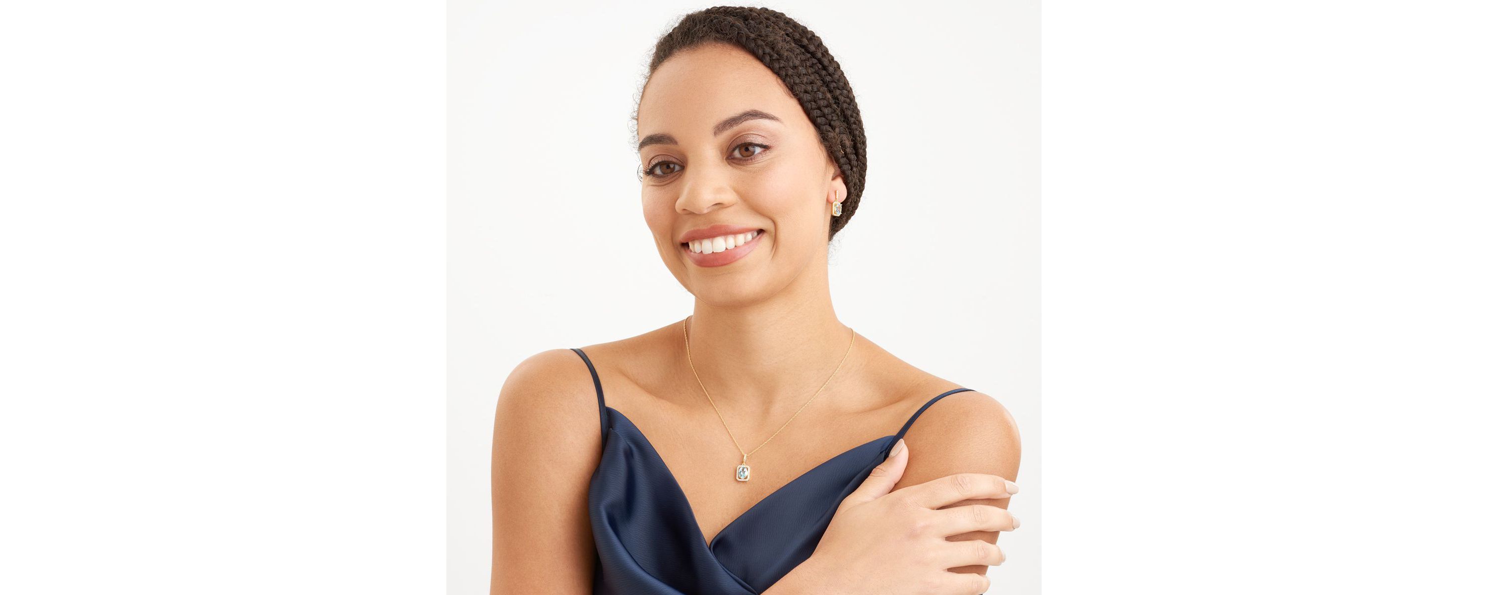 Genuine Blue Topaz and Created White Sapphire Halo Necklace and Earring Set in 18K Gold over Sterling Silver