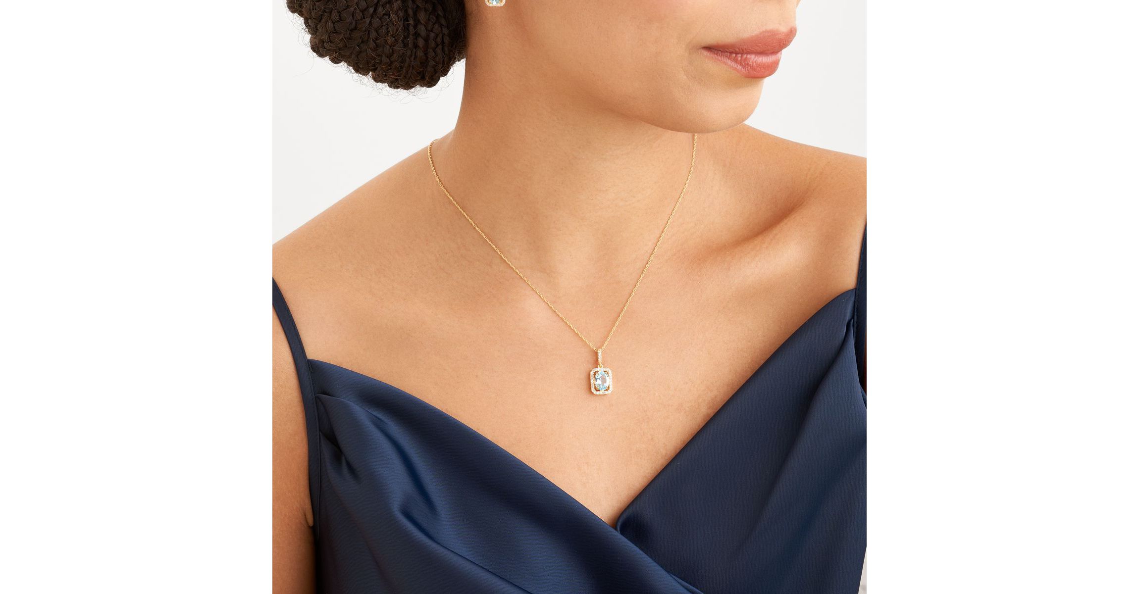 Genuine Blue Topaz and Created White Sapphire Halo Necklace and Earring Set in 18K Gold over Sterling Silver