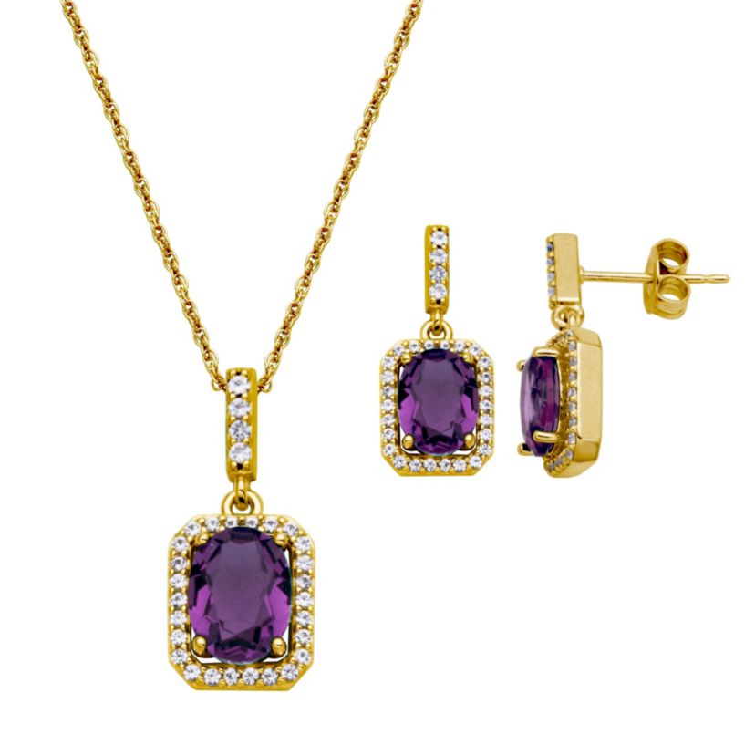Genuine African Amethyst and Created White Sapphire Halo Necklace and Earring Set in 18K Gold over Sterling Silver