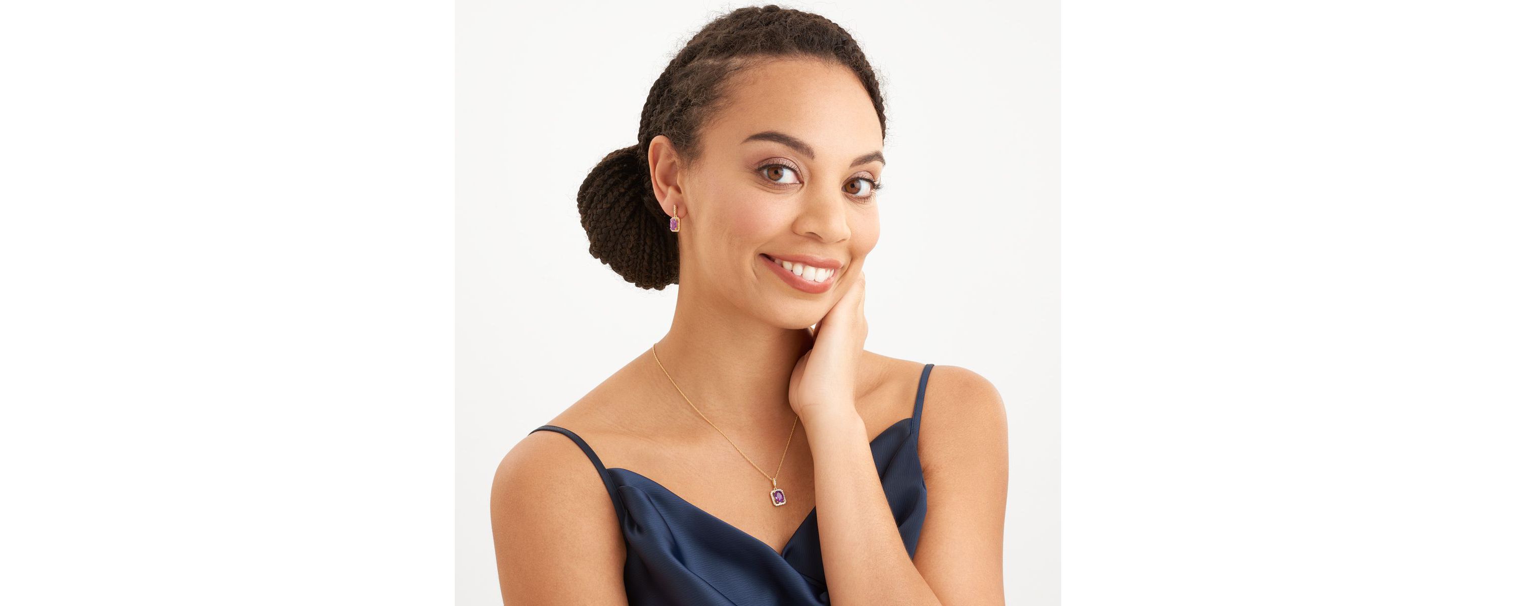 Genuine African Amethyst and Created White Sapphire Halo Necklace and Earring Set in 18K Gold over Sterling Silver