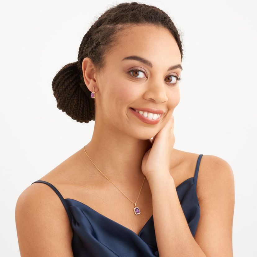 Genuine African Amethyst and Created White Sapphire Halo Necklace and Earring Set in 18K Gold over Sterling Silver