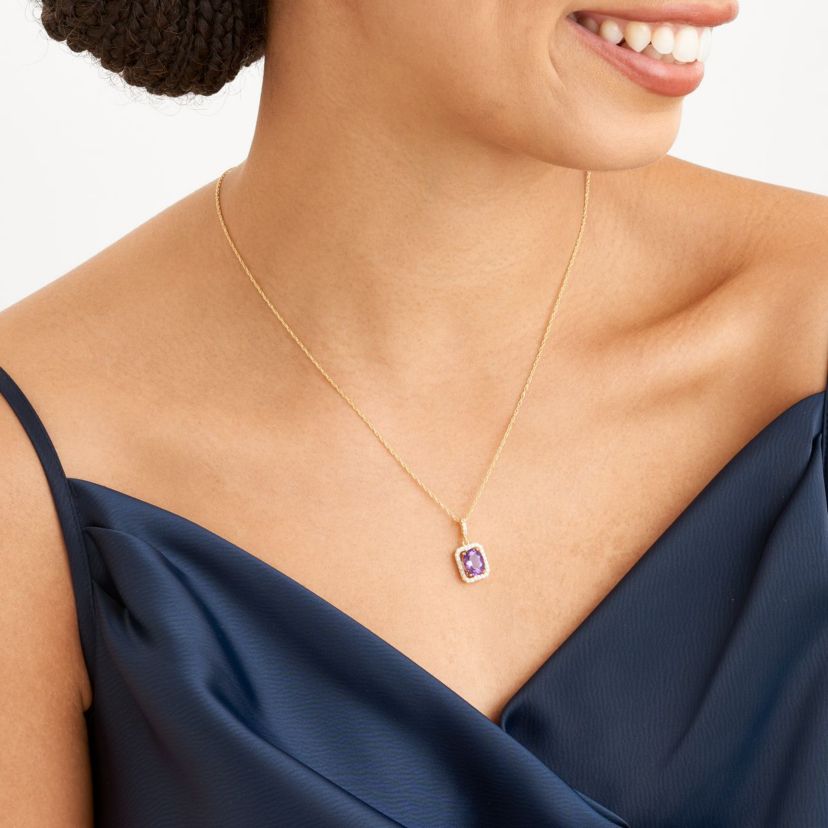 Genuine African Amethyst and Created White Sapphire Halo Necklace and Earring Set in 18K Gold over Sterling Silver
