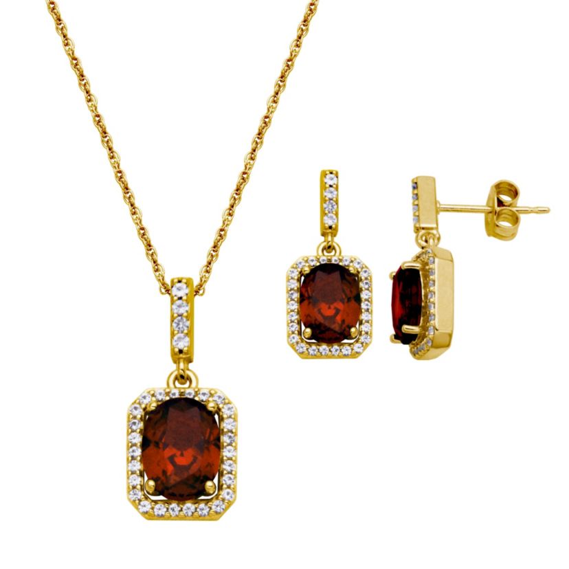 Genuine Garnet and Created White Sapphire Halo Necklace and Earring Set in 18K Gold over Sterling Silver