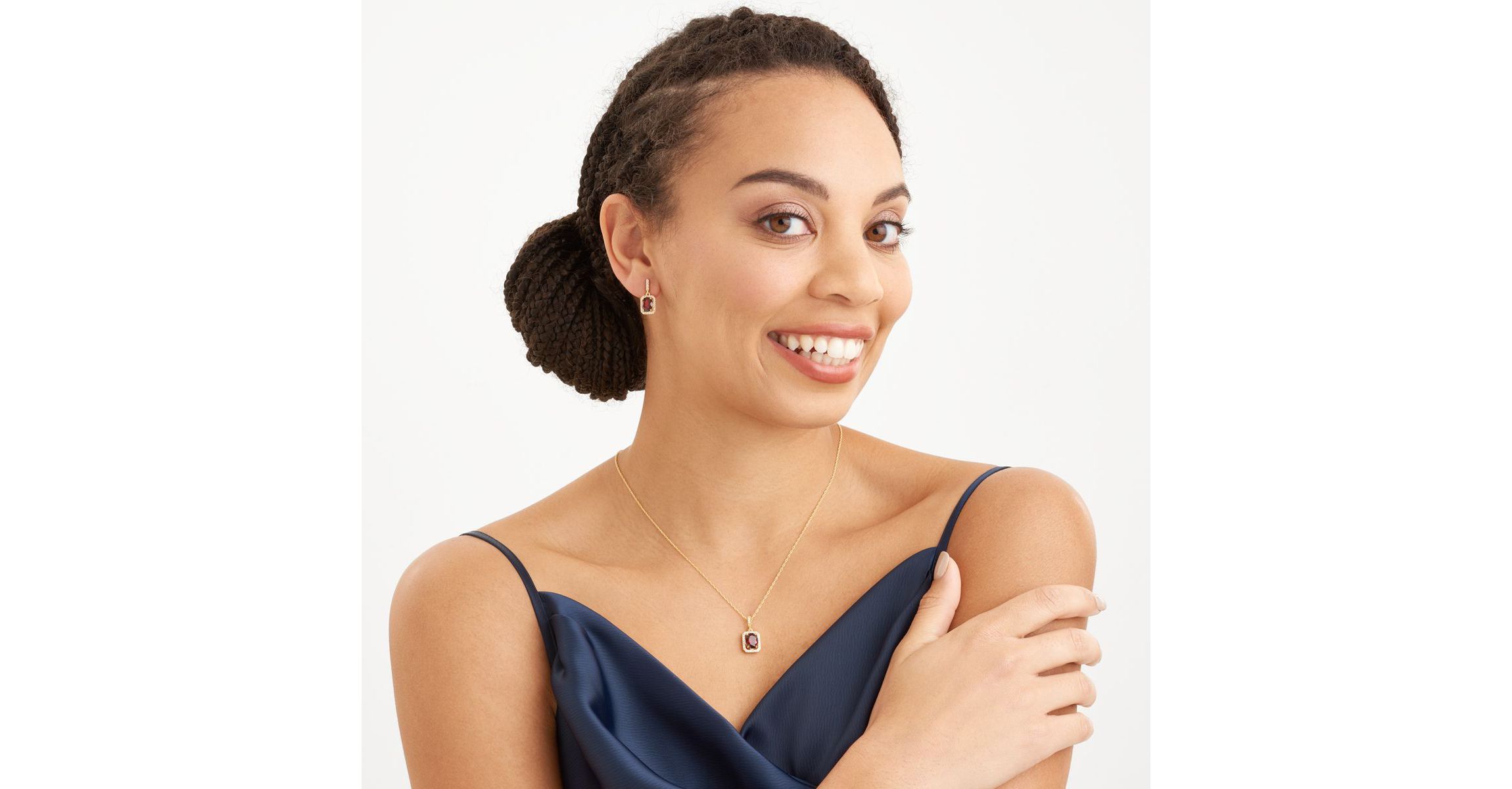 Genuine Garnet and Created White Sapphire Halo Necklace and Earring Set in 18K Gold over Sterling Silver