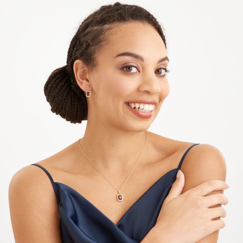 Genuine Garnet and Created White Sapphire Halo Necklace and Earring Set in 18K Gold over Sterling Silver