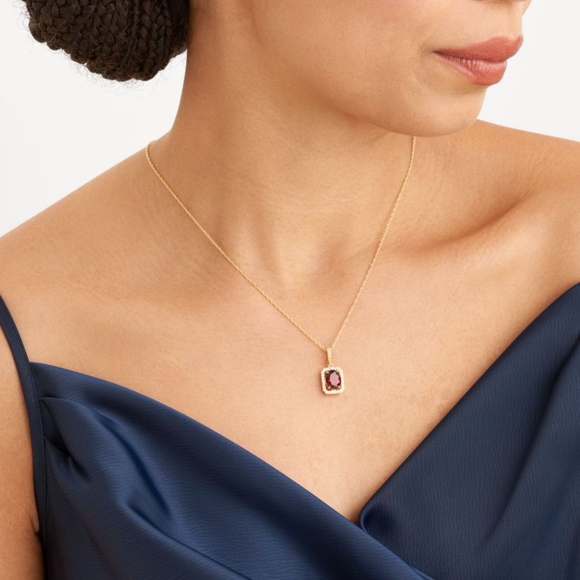 Genuine Garnet and Created White Sapphire Halo Necklace and Earring Set in 18K Gold over Sterling Silver