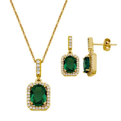 Aurealis Simulated Emerald and White Sapphire Halo Necklace and Earring Set in 18K Gold over Sterling Silver, Green