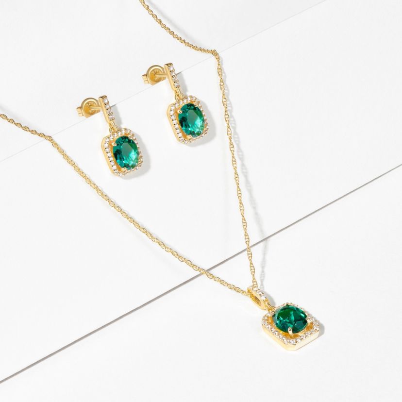 Simulated Emerald and White Sapphire Halo Necklace and Earring Set in 18K Gold over Sterling Silver