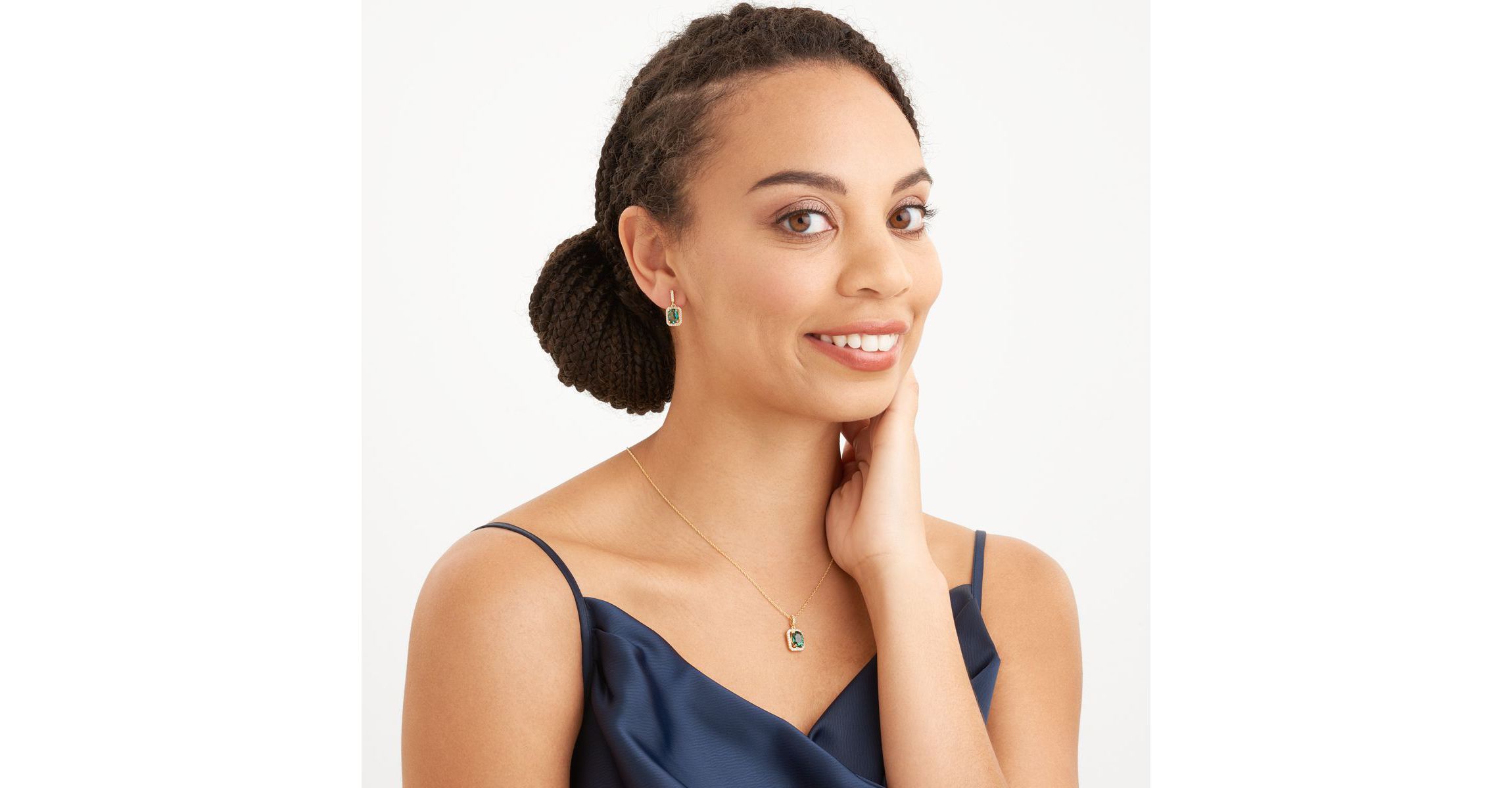 Simulated Emerald and White Sapphire Halo Necklace and Earring Set in 18K Gold over Sterling Silver