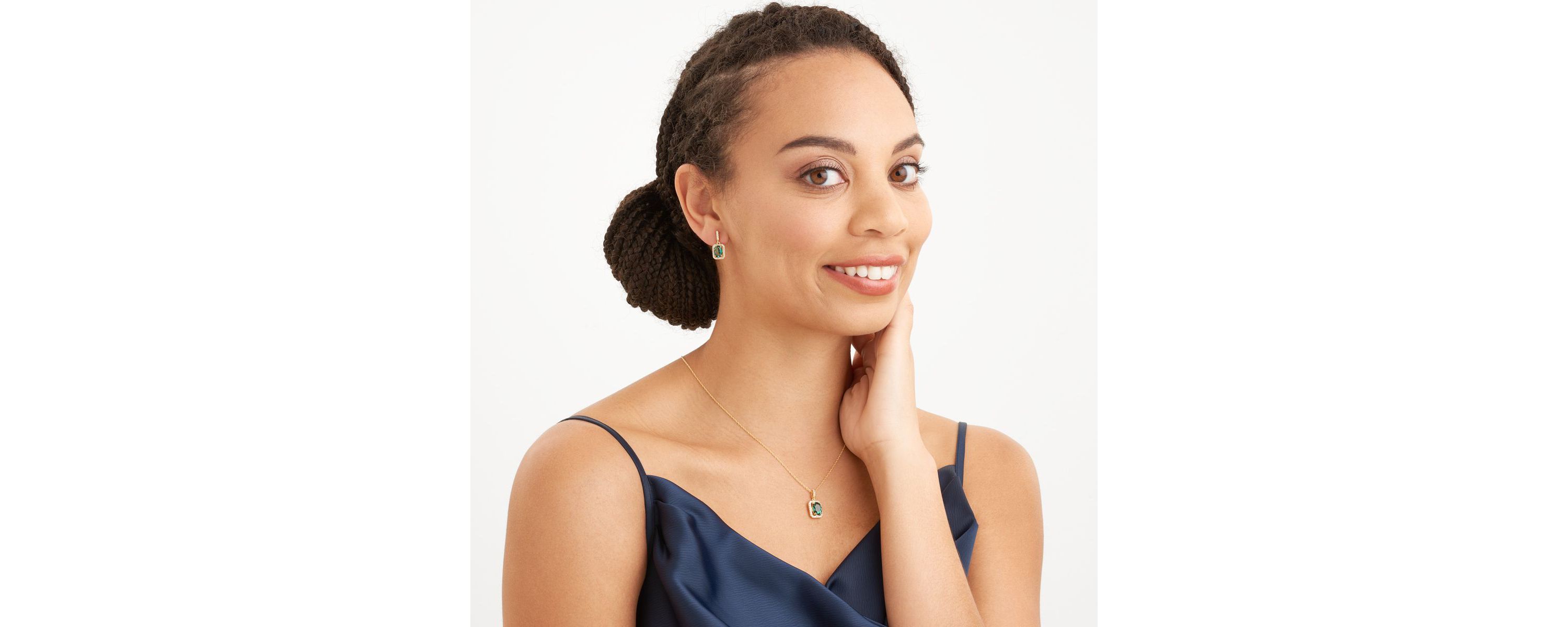 Simulated Emerald and White Sapphire Halo Necklace and Earring Set in 18K Gold over Sterling Silver