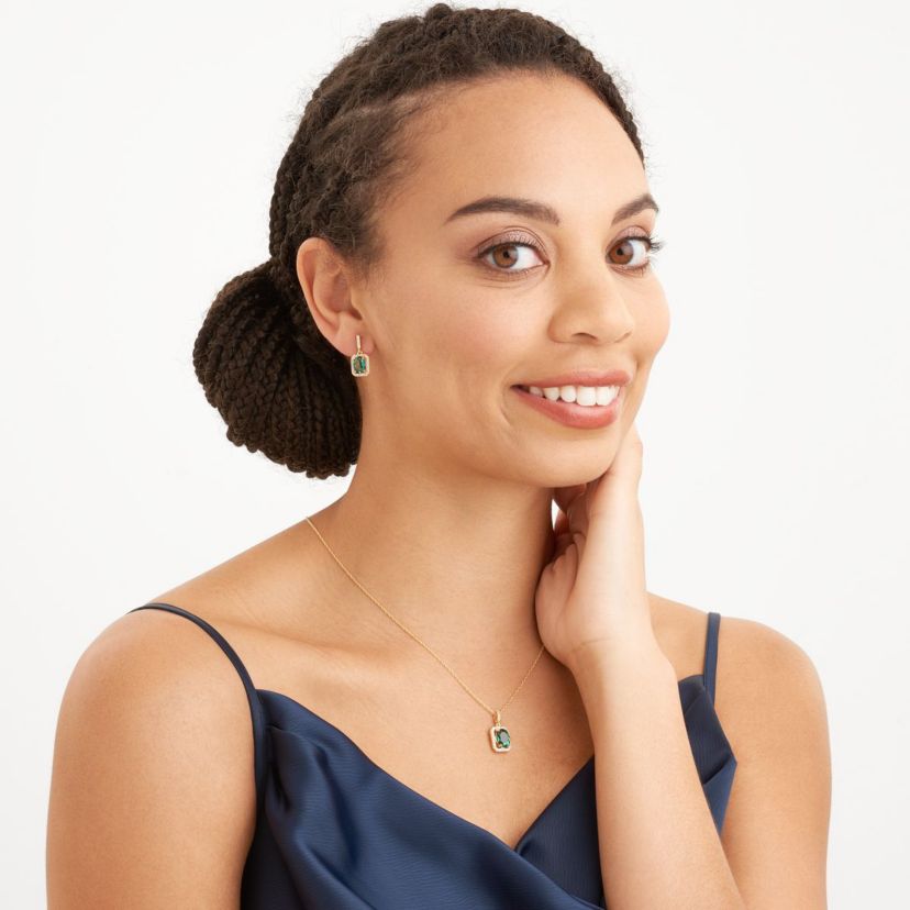 Simulated Emerald and White Sapphire Halo Necklace and Earring Set in 18K Gold over Sterling Silver