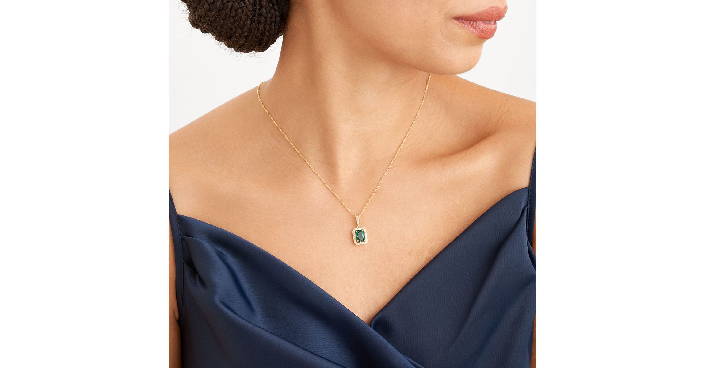 Simulated Emerald and White Sapphire Halo Necklace and Earring Set in 18K Gold over Sterling Silver