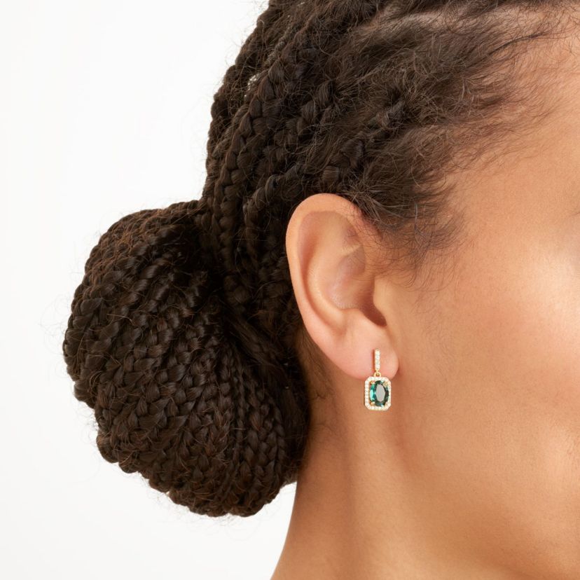 Simulated Emerald and White Sapphire Halo Necklace and Earring Set in 18K Gold over Sterling Silver